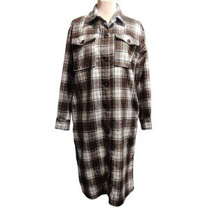 Camellia M Brown Plaid Longline Shirt Jacket Chest Pockets Button Front Shacket